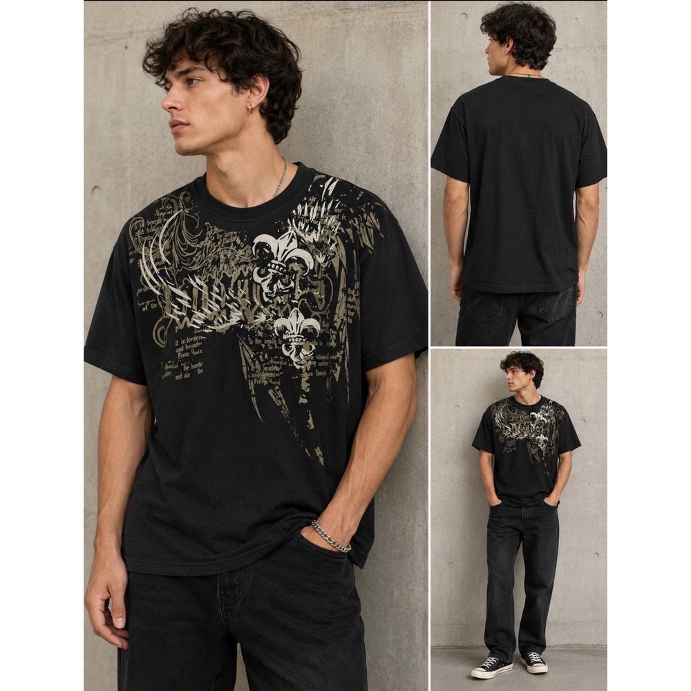 Romwe Graphic T-Shirt Mens Large Black Excellent Fleur-de-lis Gothic Y2K Tee